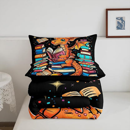 Western Dragon Bedding Set Full Size,Glitter Star Polka Dot Comforter Set for Kids Boys Girls Room Decor,Magic Book Cartoon Animal Pattern Duvet Insert 3Pcs,Wildlife Black Quilt Set,2 Pillowcases