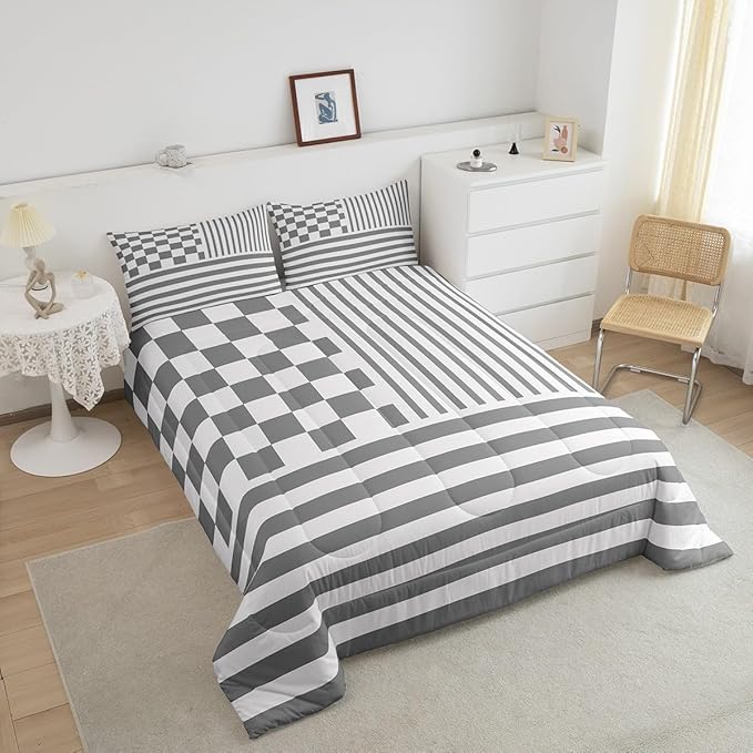 Grey Stripes Bedding Set Twin Size Buffalo Check Plaid Comforter Fashion Plaid Geometric Comforter Set Modern Simple Style Duvet Set 2Pcs Quilt Set 1 Comforter Set with 1 Pillowcase
