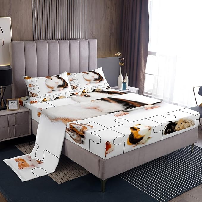 Guinea Pig Bed Sheet Queen Set,Lovely Animals 3D Cavy Sheets Sets Boys Girls Bedroom Decor,Cute Guinea Pigs Pet Bedding Set with Flat,Fitted Sheet,2 Pillow Cases
