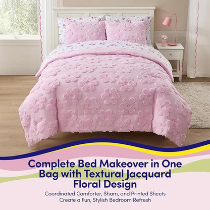 Kids Full Size Bed in a Bag Tufted Comforter & Sheet Set – Complete Bedding Set with Corner Strap Fitted Sheet, Ultra Soft Lightweight All Season Comforter, Girls Bedroom, Dorm, Guest Room