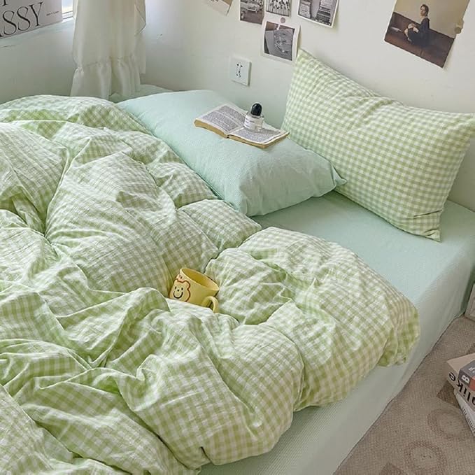 LifeTB Queen Comforter Set Green Gingham Bedding Comforter Set 3 Pieces Brown Grid Bed Comforter with 2 Pillowcases Vintage Checkered Plaid Comforter Fluffy Soft Farmhouse Grid Bedding Set