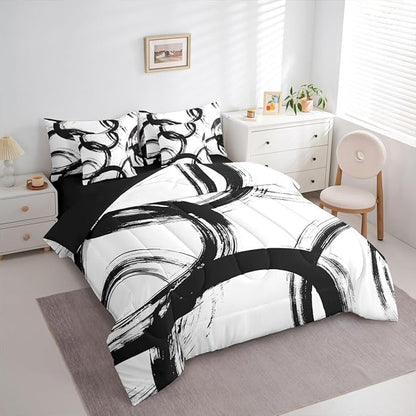 Erosebridal Black and White 7 Pcs Comforter Set Full Abstract Line Minimalist Ink Painting Bedding Set for Kids Boys Girls Simple Graffiti Art Modern Geometric Sheet Set Boho Cool Unique Mens Quilt