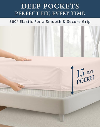 LANE LINEN 100% Egyptian Cotton Bed Sheets sábanas Queen, Soft & Comfy Luxury Hotel Like Thick Bedding Sheets & Pillowcase Set, Machine Wash Cooling 15'' Queen Deep Pocket Sheet Set - Petal Pink