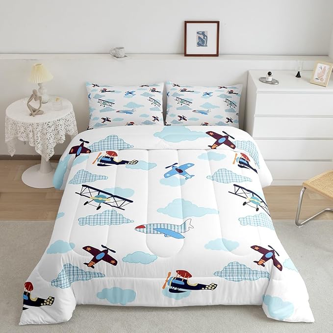 Kids Aircraft Comforter Set for Kids,Boys Teens Airplanes Bedding Sets Teens Cute Room Decor,Blue White Clouds Chic Gingham Duvet Set Quilt Set Twin 1 Comforter with 1 Pillow Case