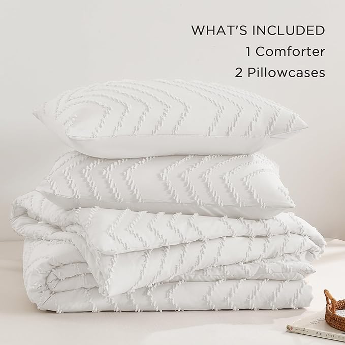 Andency White Comforter Queen, Boho Soft Fluffy Warm Lightweight Bedding Comforter Sets for Queen Bed, 3 Pieces Chevron Tufted Aesthetic Microfiber Lightweight Comforter Set