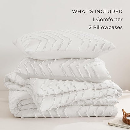 Andency White Comforter Queen, Boho Soft Fluffy Warm Lightweight Bedding Comforter Sets for Queen Bed, 3 Pieces Chevron Tufted Aesthetic Microfiber Lightweight Comforter Set