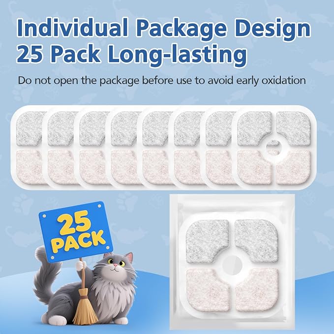 25 Pack Cat Fountain Filter Compatible With Catit PIXI Drinking Fountain | Replacement Triple Action Water Filter with Ion-exchange Resin & Activated Carbon, White