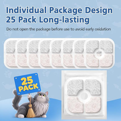 25 Pack Cat Fountain Filter Compatible With Catit PIXI Drinking Fountain | Replacement Triple Action Water Filter with Ion-exchange Resin & Activated Carbon, White