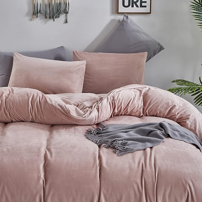 Cottonight Pink Velvet Comforter Set King Dusty Pink Flannel Bedding Comforter Set Winter Warm Blush Pink Heavyweight Warm Blanket Quilts Modern Winter Warm 3 Piece Velvet Comforter Set for King Bed