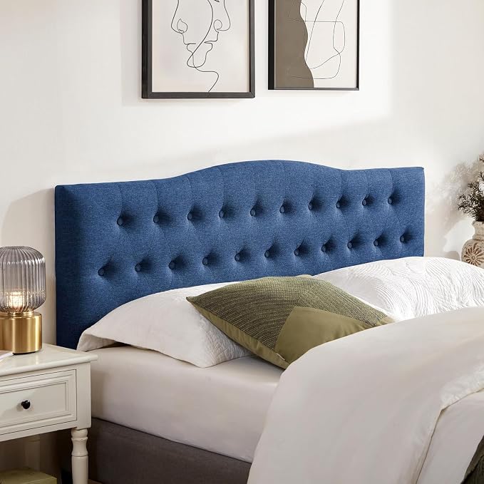 Tufted Headboard King Size, Solid Wood Adjustable Height Head Board, Blue | Upholstered King Headboard Only with Durable Solid Wood Legs, Adjustable Height 37-51 in, Fabric Button Diamond HeadBoards