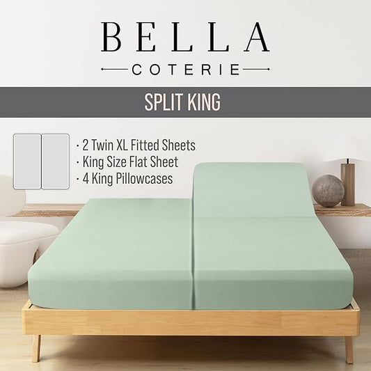 Bella Coterie 7 Piece Luxury Bamboo Viscose Split King Size Sheet Set | 2 Fitted Sheets for Adjustable Beds | 100% Organically Grown | Cooling for Hot Sleepers | 4 Pillowcases [Sea Glass]