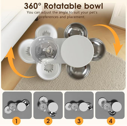 2 in 1 Automatic Gravity Cat Dog Feeder and Water Dispenser with 304 Stainless Steel Bowls, 360 Degree Rotatable Auto Food with 2 Specialized Brushes for Small Medium Pet Dog Puppy Kitten (Gray)