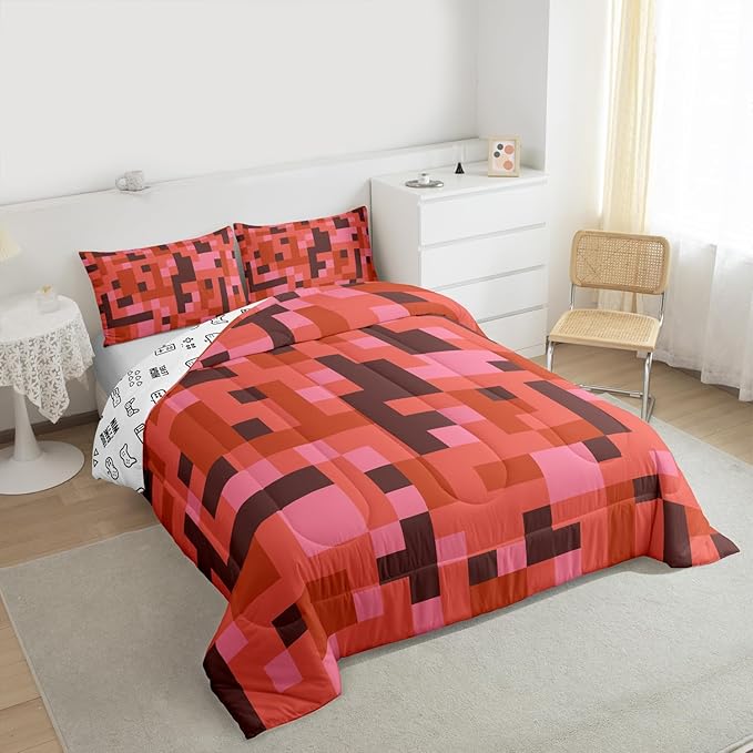 Pixelated Miners Game Kids Comforter Set Queen Size,Camo Geometric Check Bedding Set,Boys Room Decor,Reversible Gamepad Video Games Quilt Comforter,Red Brown Duvet Set Bedroom Quilt Set,2 Pillowcases