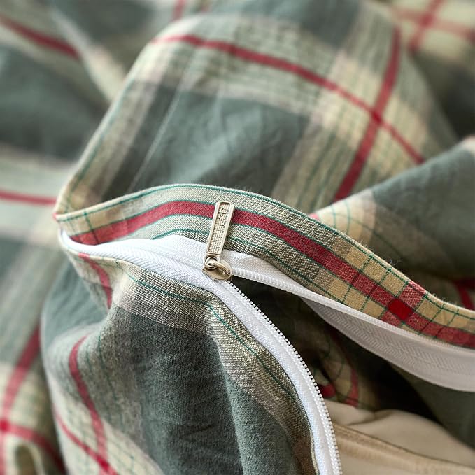 EAVD Vintage Green Buffalo Plaid Comforter Set King Soft 100% Washed Cotton Retro Green&Red Grid Checkered Bedding Set with 2 Pillowcases Farmhouse Gingham Comforter Set for All-Season