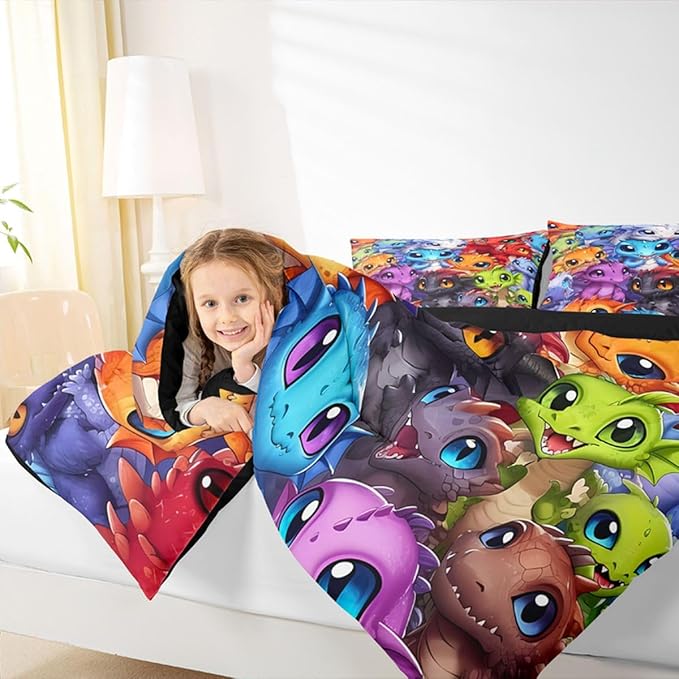 Feelyou Dragon Comforter Set All Season Dragon Stuff Bedding Set with 1 Pillow Cases Wild Life Kids Toddler Bedclothes Magic Wildlife Bedroom Decor Colorful Duvet Quilt Breathable Soft Lightweight