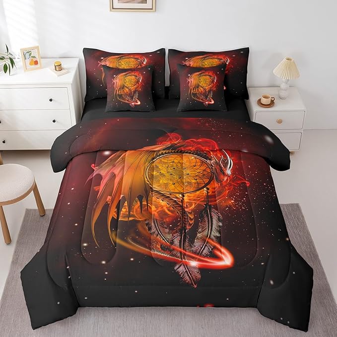 Erosebridal Gothic Dragon Dream Catchers Bed in a Bag Queen Comforter Set 7 Piece,Orange Galaxy Bohemian Feather Bedding Sets Antique Animal Pterosaur Sheet Set with Comforter