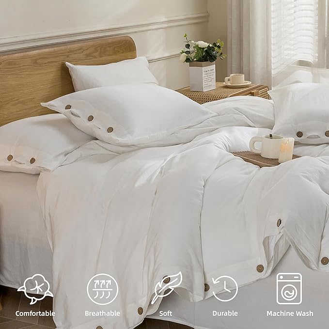 JELLYMONI Cotton Duvet Cover Twin Size - Bright White Comforter Cover with Button 100% Washed Cotton 2PCS Breathable Soft Solid Bedding Set Duvet Cover 68×90in & 1 Pillowcase (NO Comforter)