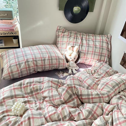 EAVD Vintage Style Plaid Duvet Cover Queen Grey Pink Grid Soft 100% Washed Cotton Reversible Bedding Set Farmhouse Grid Checkered Bedding Set with 2 Pillowcases Modern Gingham Duvet Cover with Zipper