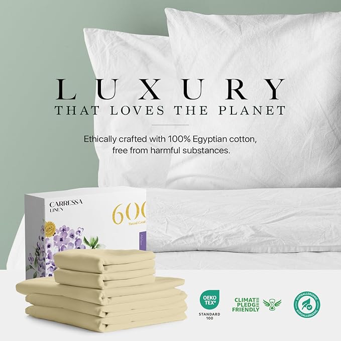 Carressa Linen 100% Egyptian Cotton Split King Sheets Sets for Adjustable Bed - 600 Thread Count 5 PC Top Split King Sheets, 16" Deep Pocket Soft Cooling Sheets for Split King Adjustable Bed - Sand