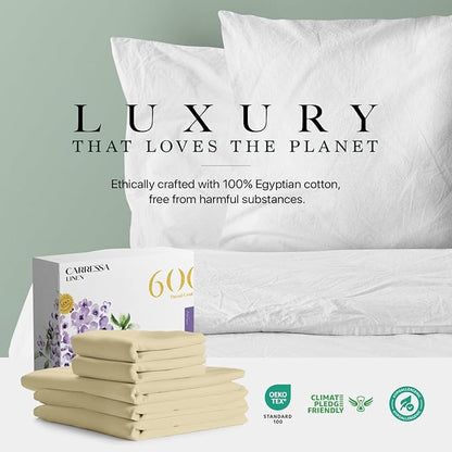 Carressa Linen 100% Egyptian Cotton Split King Sheets Sets for Adjustable Bed - 600 Thread Count 5 PC Top Split King Sheets, 16" Deep Pocket Soft Cooling Sheets for Split King Adjustable Bed - Sand