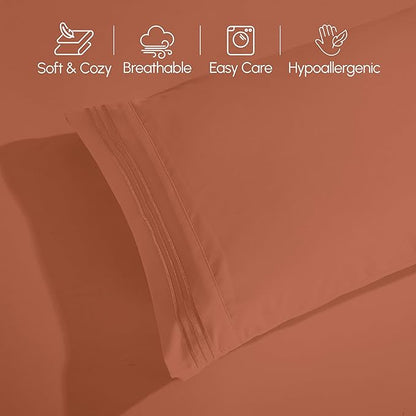 Elegant Comfort Luxurious 1500 Premium Hotel Quality Microfiber Three Line Embroidered Softest 4-Piece Bed Sheet Set, Wrinkle and Fade Resistant, Queen, Coral
