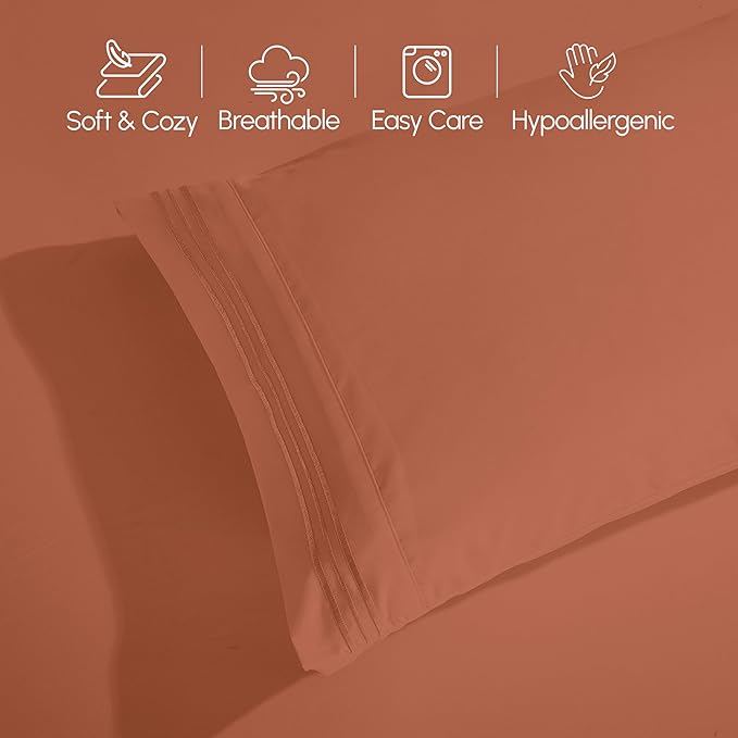 Elegant Comfort Luxurious 1500 Premium Hotel Quality Microfiber Three Line Embroidered Softest 4-Piece Bed Sheet Set, Wrinkle and Fade Resistant, Full, Coral