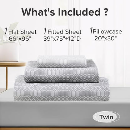 Comfort Spaces 100% Cotton Sheet Set Breathable, Lightweight, Soft with 12" Elastic Pocket Fits up to 14" Mattress, All Season Cozy Bedding, Matching Pillow Case, Twin Diamond Taupe 3 Piece