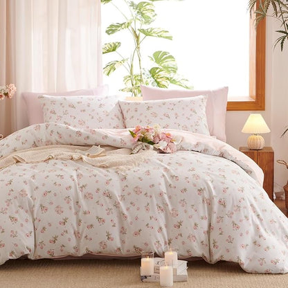 Floral Comforter Set Full Size - 3 Pieces Pink White Floral Comforter Bedding Sets Reversible Pattern,Full Bed in a Bag with Flowers Comforter and 2 Pillowcases