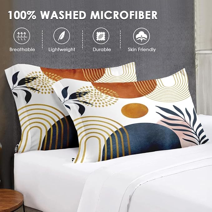 Full Size Comforter Set with 2 Pillowcases, Mid Century 3 Pcs Bedding for Adults, Sun Boho Geometric Leaf Soft Comforter Set for Bedroom Bed Decor