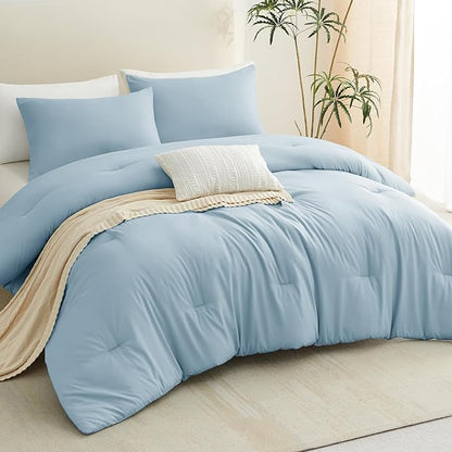 CozyLux Full Size Comforter Set Light Blue, 3 Pieces Solid Breathable Quilted Bedding Sets, Luxury Lightweight Soft Bed Set with Down Alternative Comforter and 2 Pillowcases for All Seasons