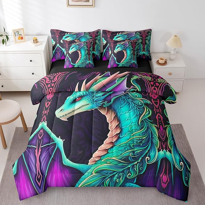 Erosebridal 3D Dragon Bed in a Bag Queen Comforter Set 7 Piece,Vintage Gothic Gothic Green Dragon Bedding Sets Antique Wildlife Mythical Animal Sheet Set with Comforter