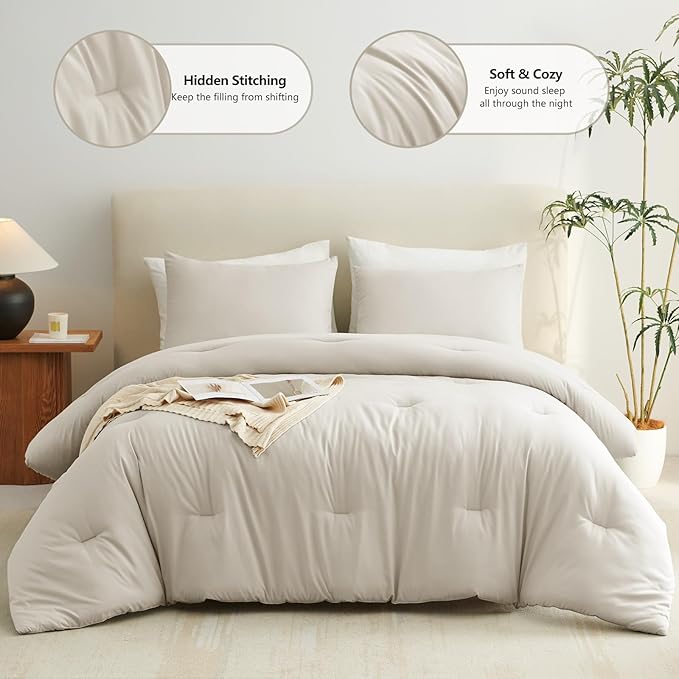 CozyLux Beige King Size Comforter Set, 3 Pieces Solid Breathable Quilted Style Bedding Sets, Luxury Fluffy Soft Bed Set with Down Alternative Comforter for All Season (1 Comforter & 2 Pillowcases)