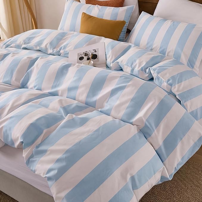 Merryword Blue and White Striped Duvet Cover Set Queen Size, 100% Cotton Bedding Set with Zipper Closure & 8 Corner Ties, Luxury Linen Like Bedding, Soft Breathable Comforter Cover for All Seasons