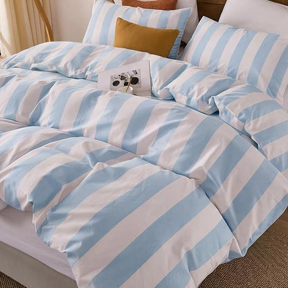 Merryword Blue and White Striped Duvet Cover Set Queen Size, 100% Cotton Bedding Set with Zipper Closure & 8 Corner Ties, Luxury Linen Like Bedding, Soft Breathable Comforter Cover for All Seasons