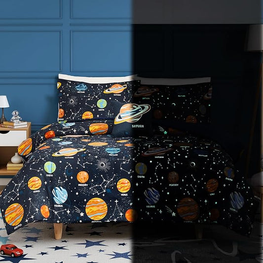 Glow in The Dark Kids Comforter Set Full Size for Boys Teen, Space Bedding Set 1 Comforter, 1 Decor Pillow, 2 Pillow Shams