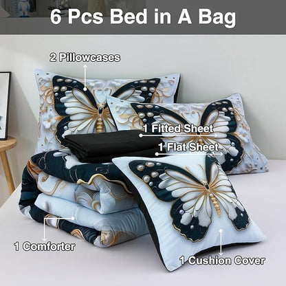 A Nice Night 6pcs Bed in A Bag Black and Glod Dreamy 3D Butterfly Pearl Flower Design, Butterflies Printed Bedding Twin Comforter Set, for Girls Kids Teens