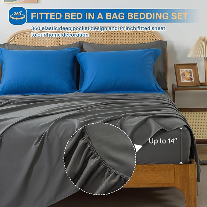 Cosybay Bed in a Bag Full Comforter Sets 7pcs All Season Solid Down Alternative Bedding Sets Blue and Grey with Comforter, Pillow Shams, Flat Sheet, Fitted Sheet and Pillowcases