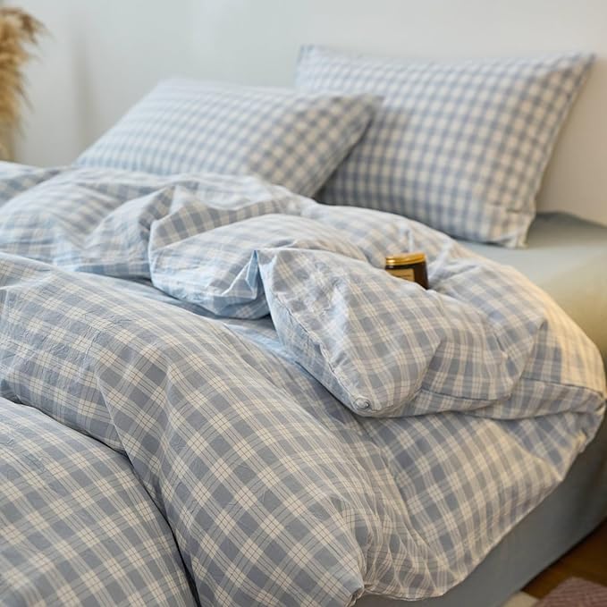 Blue Gingham Full Duvet Cover Set Washed Cotton Boho Full Size Comforter Cover Soft Pattern Checkered Zipper Duvet Cover Set with 2 Pillow Cases Farmhouse Dorm Bedding Set Plaid Duvet Protector