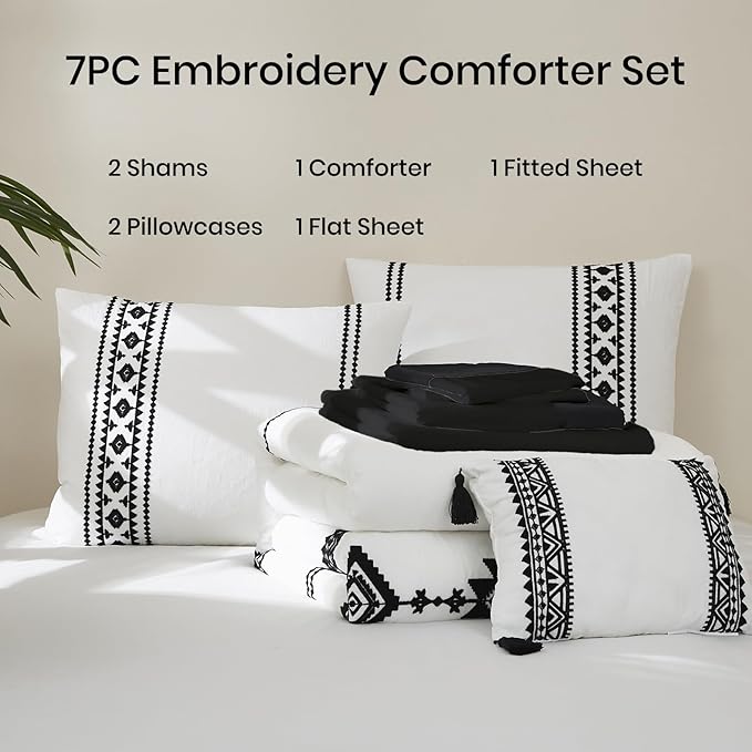 MaiRêve Embroidery Comforter Set Queen Size - 7 Piece, White Boho Western Bedding All Season Bed in A Bag, Farmhouse Queen Comforter Set with Sheets, Pillowcases & Shams