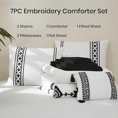 MaiRêve Embroidery Comforter Set, Boho Farmhouse Western Bedding Set, All Season Bed in A Bag Comforter Set with Sheets, Pillowcases & Shams, White California King 7 Pieces