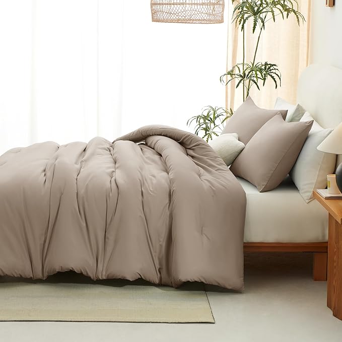 CozyLux King Size Comforter Set Khaki, 3 Pieces Solid Comforters King Size Breathable Quilted Bedding Sets, Luxury Soft Lightweight Bed Set with Down Alternative Comforter and 2 Pillowcases All Season