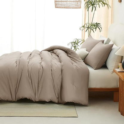 CozyLux Queen Comforter Set Khaki, 3 Pieces Solid Comforters Queen Size Breathable Quilted Bedding Sets, Luxury Soft Lightweight Bed Set with Down Alternative Comforter and 2 Pillowcases All Seasons
