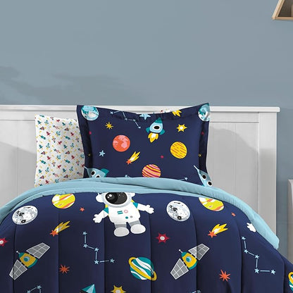 Dream Factory Kids 7-Piece Complete Bed Set Easy-Wash Super Soft Microfiber Comforter Bedding, Full, Blue Space Galaxy