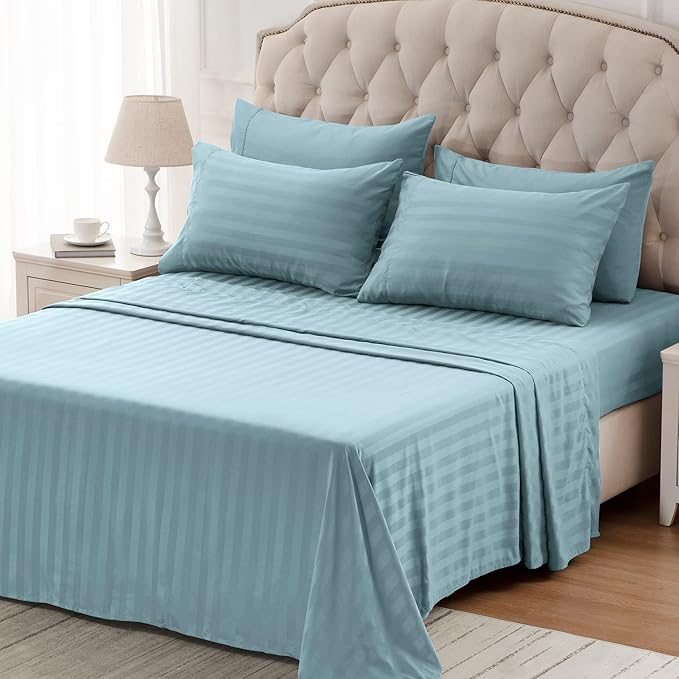 SLEEP ZONE Striped Cooling Sheets Set King Size - Fitted Flat Sheet & Pillowcase Sets 4 Piece - Super Soft Stripe Bed Sheet, Easy Care, Deep Pocket (Flint Blue, King)