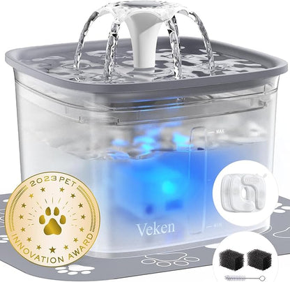 Veken Innovation Award Winner 95oz/2.8L Cat Water Fountain | Automatic Pet Fountain Dog Water Dispenser with Replacement Filters & Silicone Mat for Cats, Dogs (Transparent Grey)