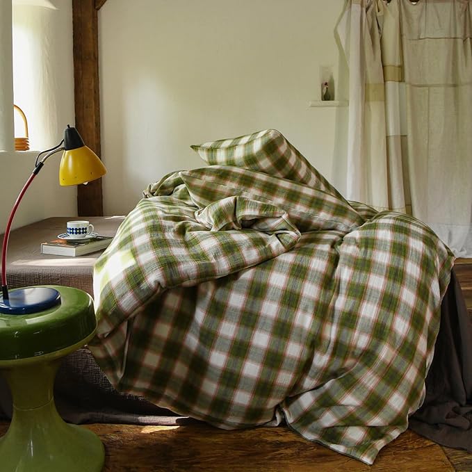 EAVD Vintage Style Gingham Duvet Cover Full Soft 100% Muslin Cotton Yarn-Dyed Textured Chic Pink&Green Grid Plaid Bedding Set with 2 Pillowcases British-Style Plaid Duvet Cover with Zipper