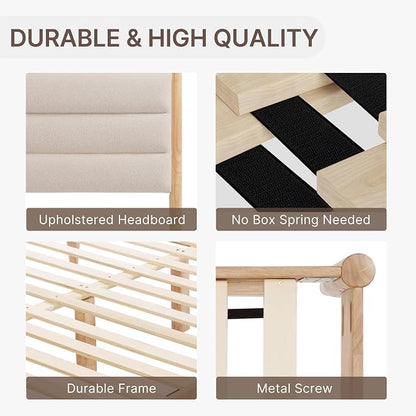 KISLOT Wood Bed Frame with Upholstered Headboard, Oat, King | Wooden Platform, Silent Slat Support, Mattress Foundation, No Box Spring Needed, Easy Assembly