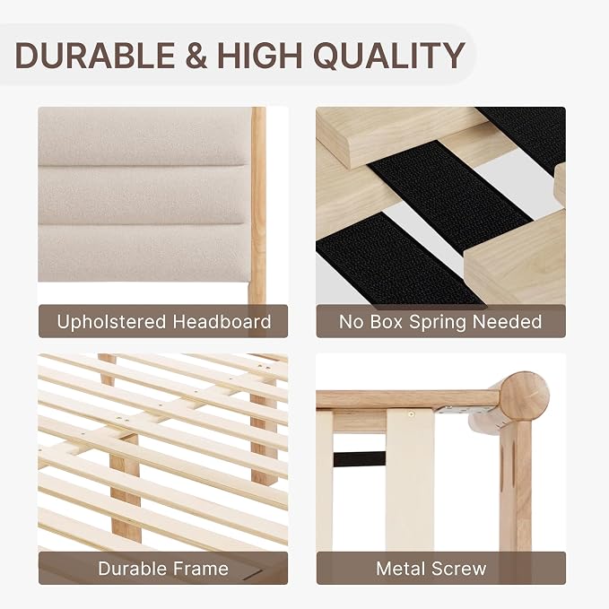 KISLOT Wood Bed Frame with Upholstered Headboard, Oat, Queen | Wooden Platform, Silent Slat Support, Mattress Foundation, No Box Spring Needed, Easy Assembly