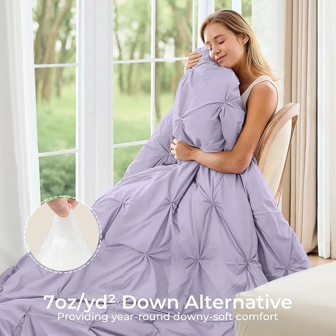 Sasttie Full Size Comforter Set, 7-Piece Bed in a Bag, Pintuck Bedding Sets for All Season, Includes Comforter, Flat Sheet, Fitted Sheet, Pillowcases and Pillowshams, Lavender