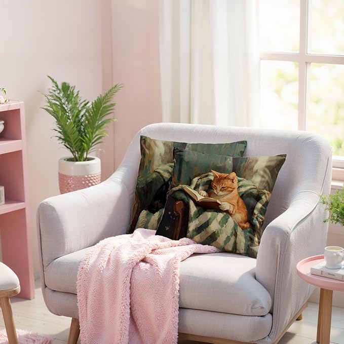 Funny Cat Reader Book Throw Pillow Cover 18 x 18 Set of 2, Gifts for Book Lovers, Reading Nook Corner Decor, Preppy Floral Black Orange Tabby Tuxedo Cats Bookish Pillowcase（04）